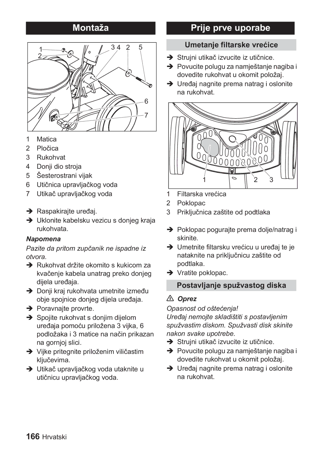 Karcher BDP 1500, BDP 50 manual Prije prve uporabe, Umetanje filtarske vrece, Postavljanje spužvastog diska, Napomena 
