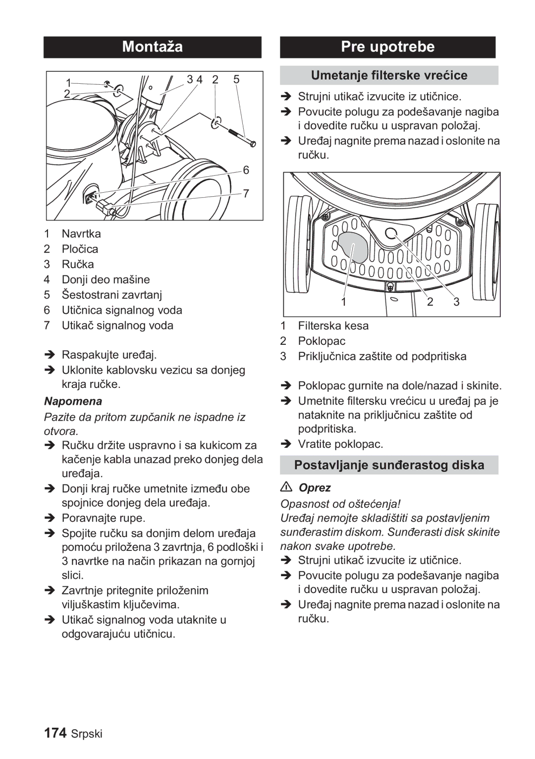 Karcher BDP 1500, BDP 50 manual Pre upotrebe, Umetanje filterske vrece, Postavljanje sunerastog diska 
