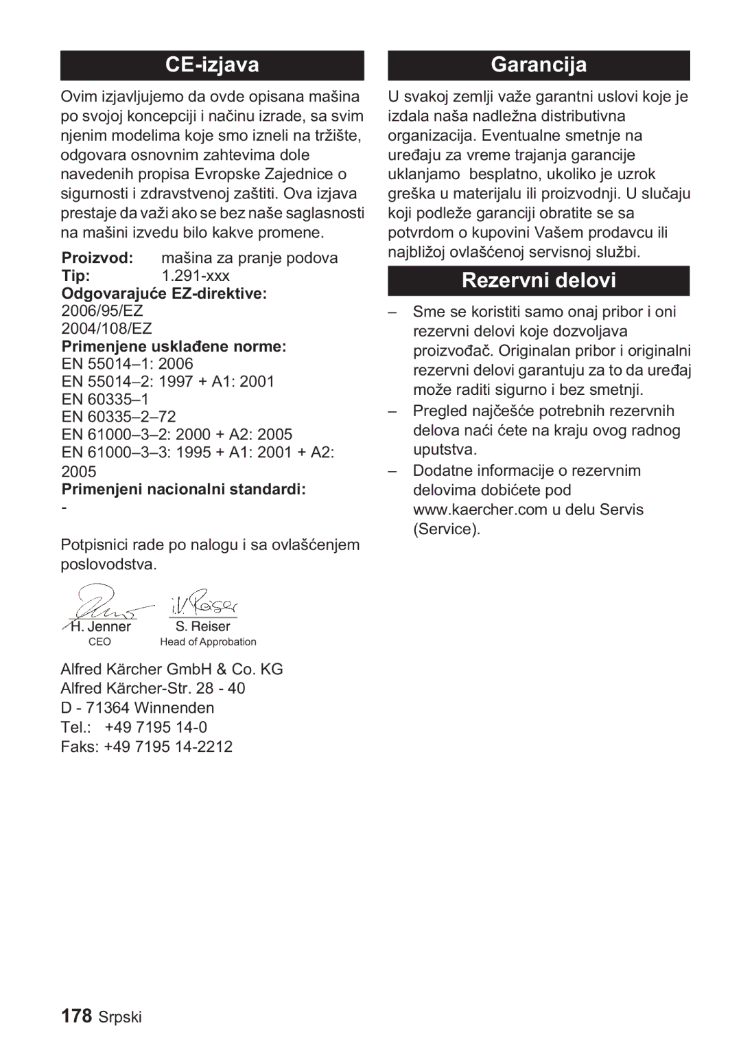 Karcher BDP 1500, BDP 50 CE-izjavaGarancija, Rezervni delovi, Odgovaraju 2006/95/EZ 2004/108/EZ Primenjene usklae norme 
