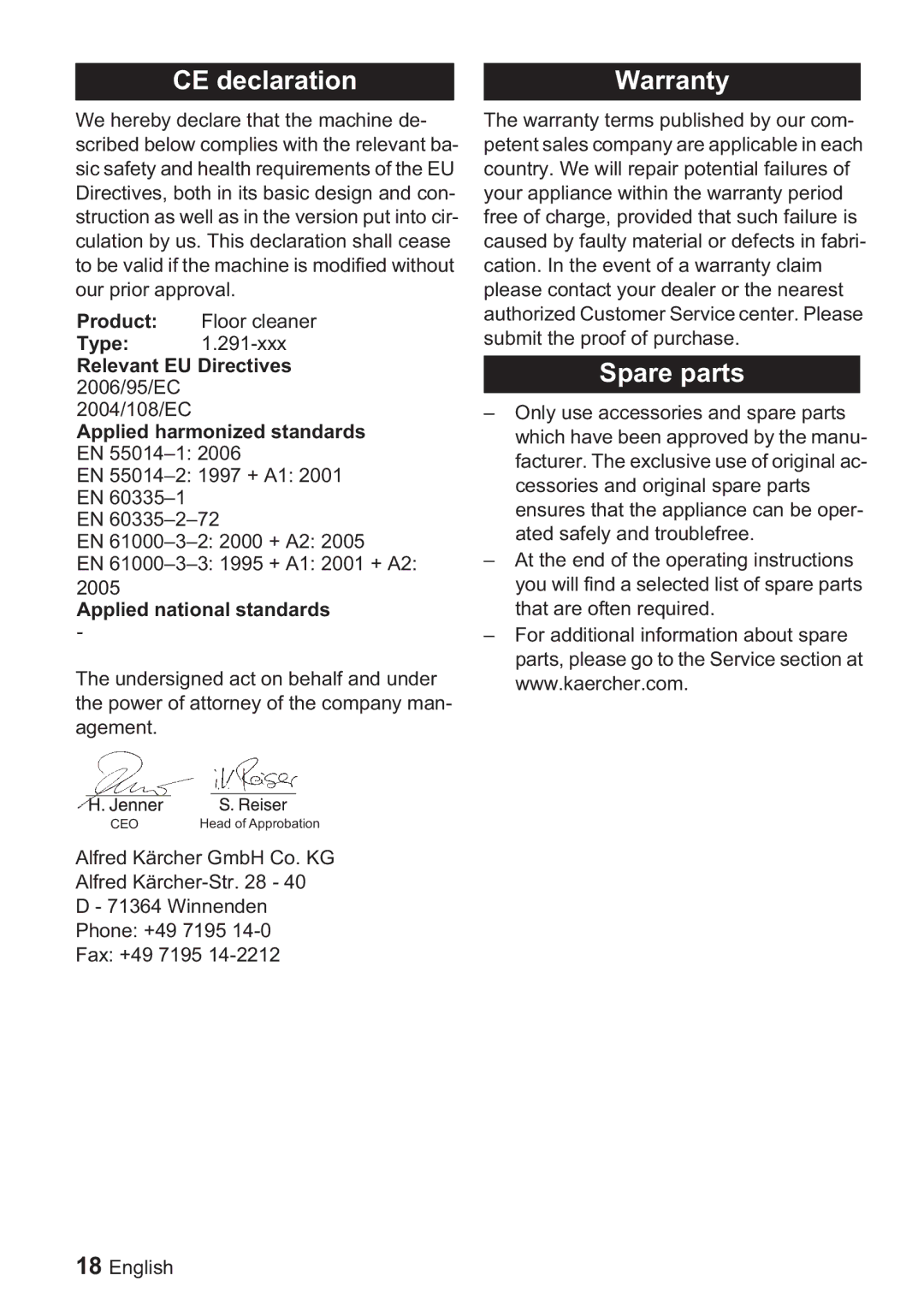 Karcher BDP 1500, BDP 50 manual CE declaration Warranty, Spare parts, Applied national standards 