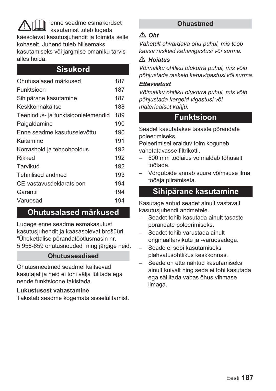 Karcher BDP 50, BDP 1500 manual Sisukord, 189Funktsioon, Sihipärane kasutamine, Ohutusalased märkused 