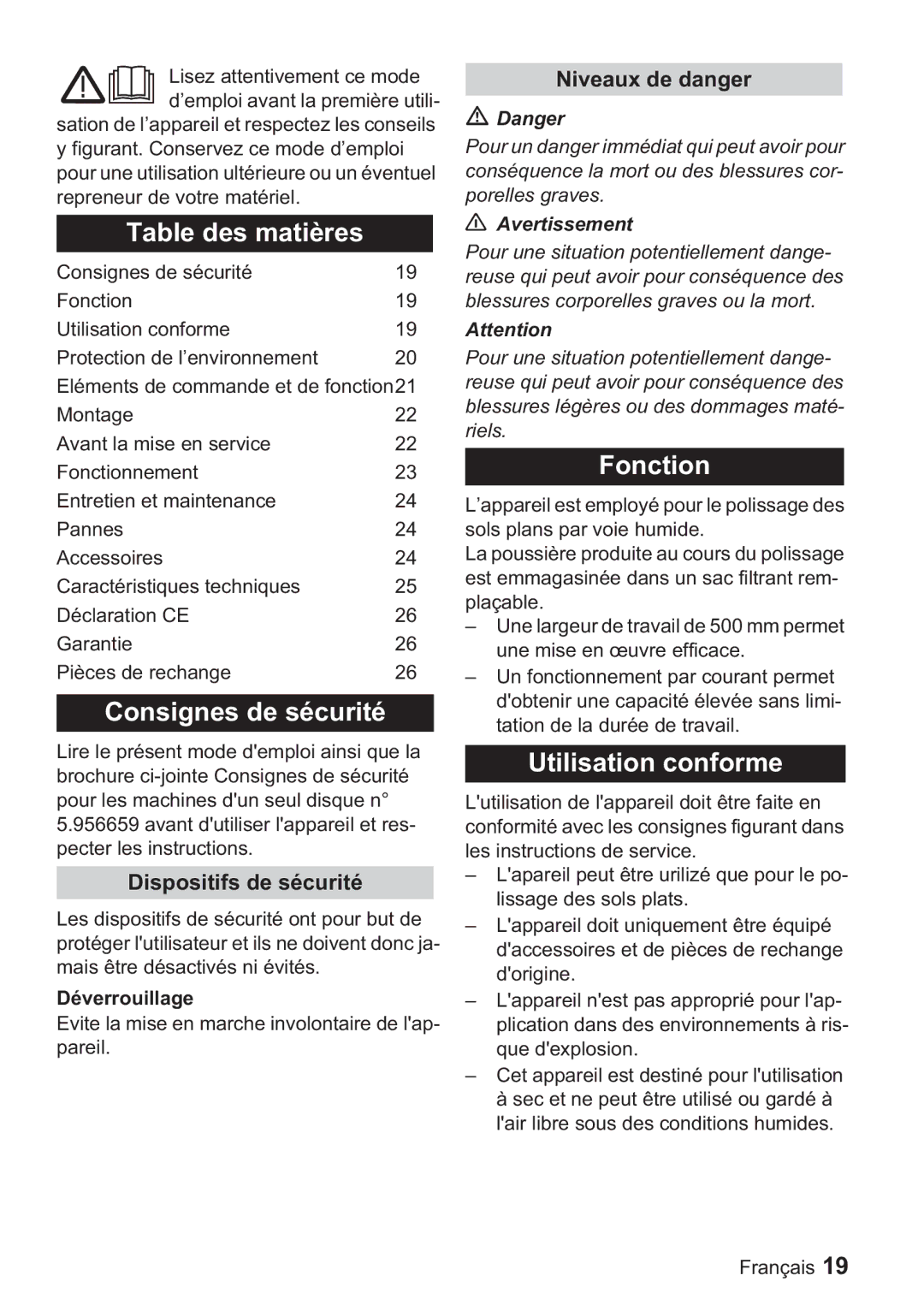 Karcher BDP 50, BDP 1500 Table des matières, Consignes de sécurité 23Fonction, Utilisation conforme, Niveaux de danger 