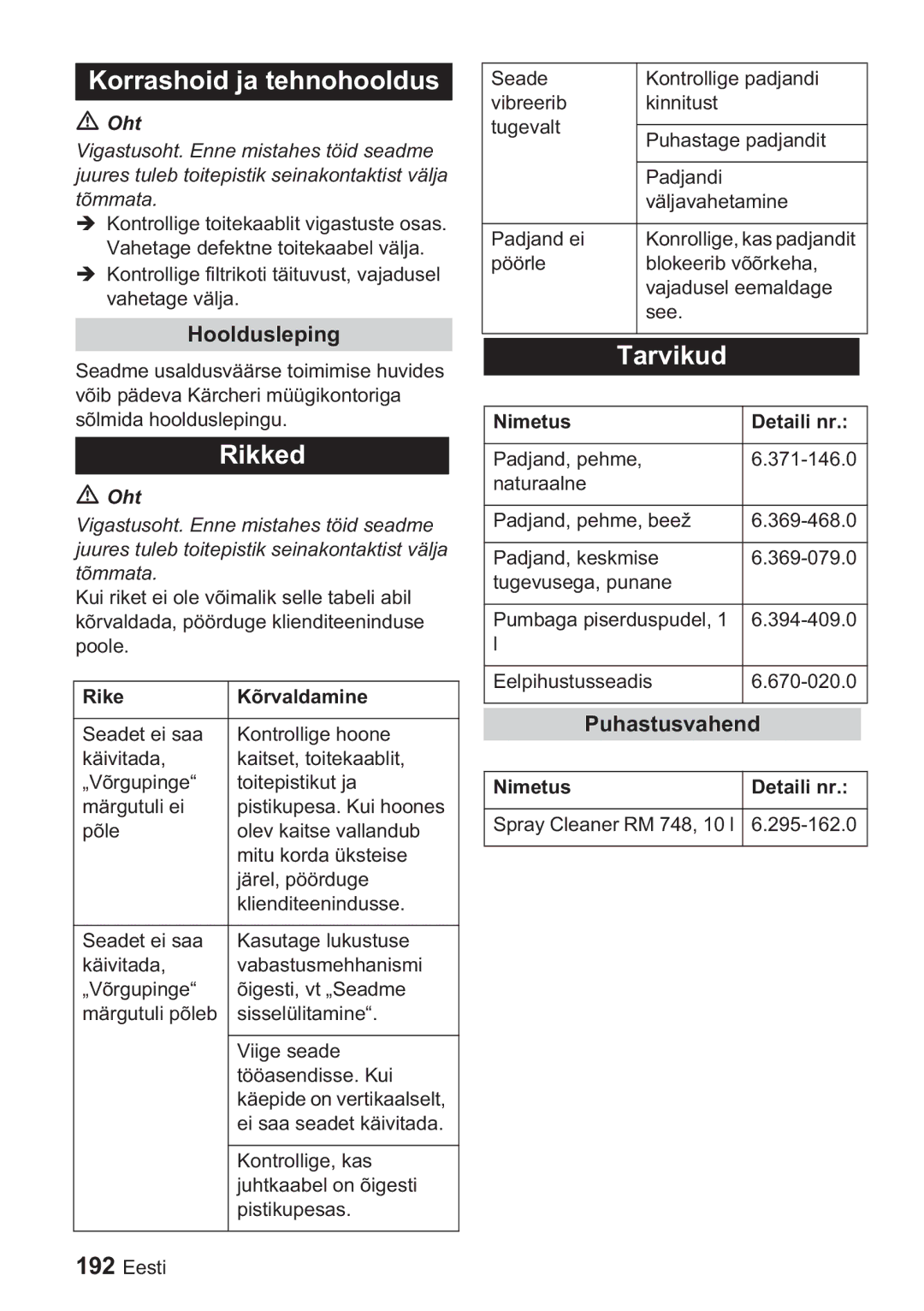 Karcher BDP 1500, BDP 50 manual Korrashoid ja tehnohooldus, Rikked, Tarvikud, Hooldusleping, Puhastusvahend 