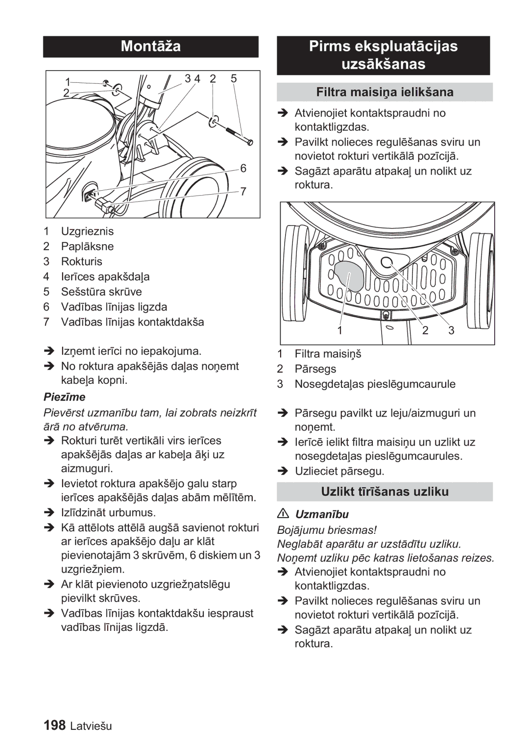 Karcher BDP 1500, BDP 50 manual Mont, Pirms ekspluat uzskšanas, Filtra maisiielikšana, Uzlikt tuzliku, Piez 