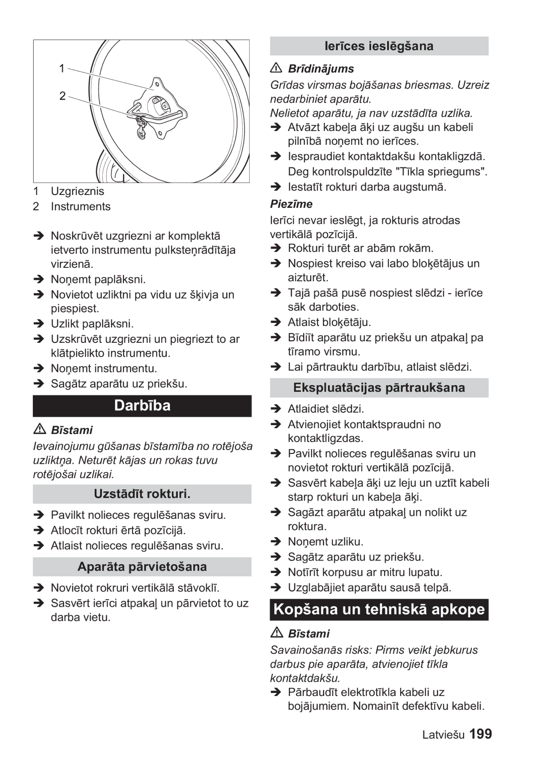 Karcher BDP 50, BDP 1500 manual Kopšana un tehnisk, Uzst, Apar, Ier ieslana, Ekspluatcijas ptraukšana 