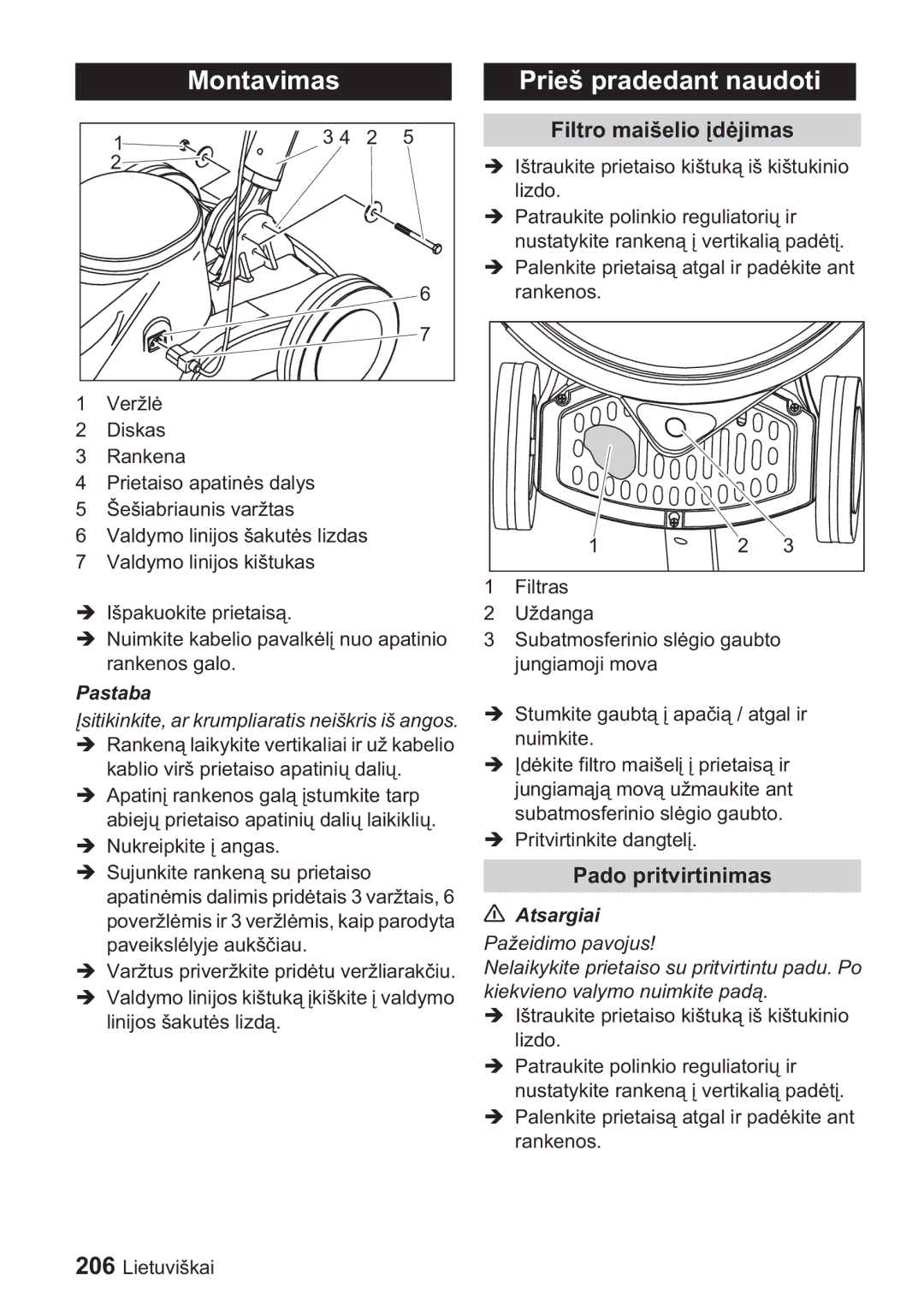 Karcher BDP 1500, BDP 50 manual Montavimas, Prieš pradedant naudoti, Filtro maišelio jimas, Pado pritvirtinimas, Pastaba 