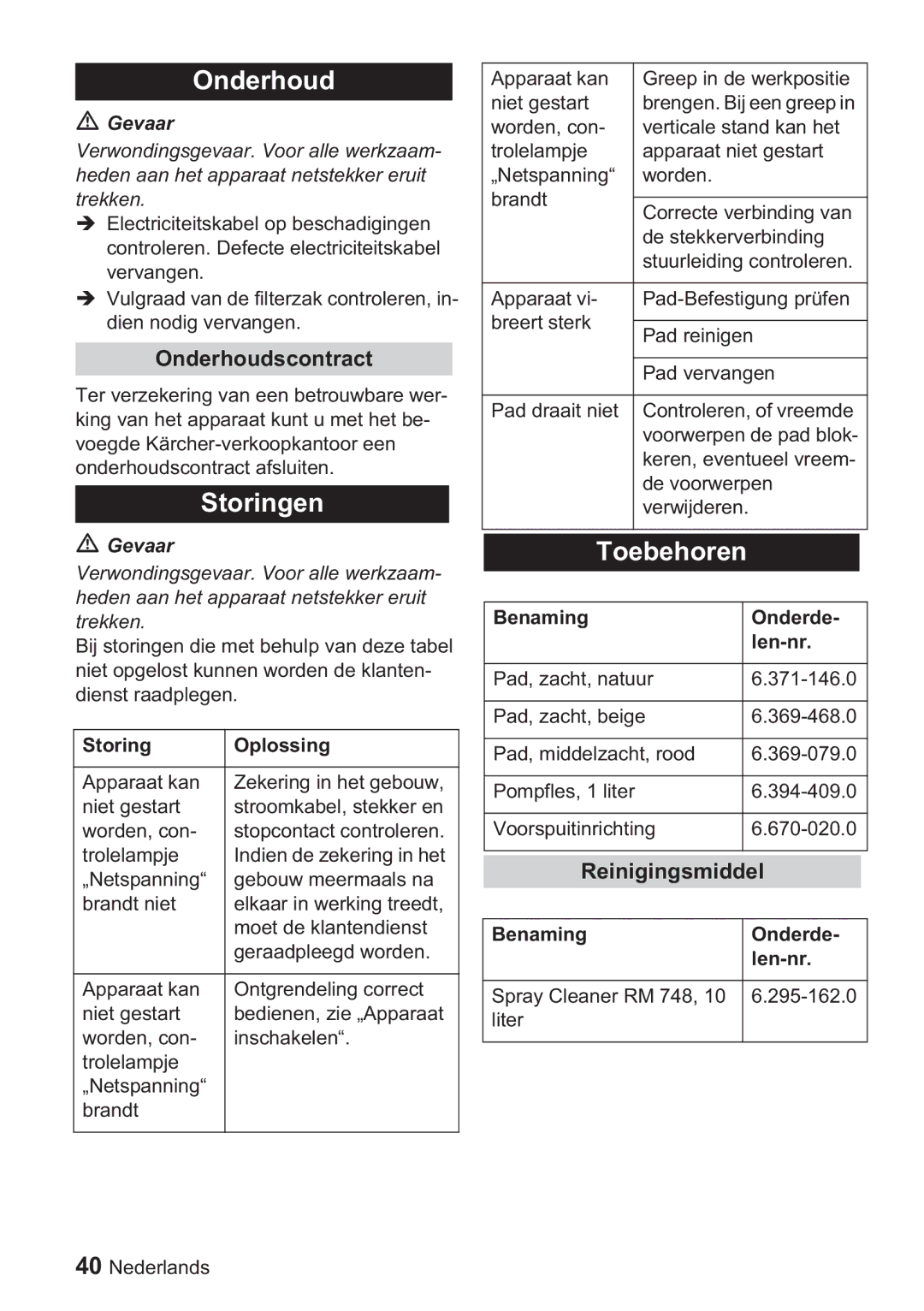 Karcher BDP 1500, BDP 50 manual Storingen, Toebehoren, Onderhoudscontract, Reinigingsmiddel 