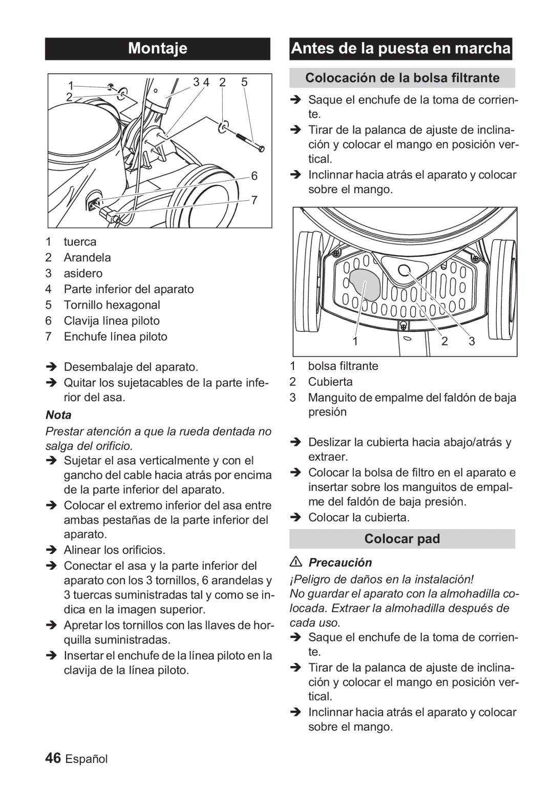 Karcher BDP 1500, BDP 50 manual Montaje, Antes de la puesta en marcha, Colocación de la bolsa filtrante, Colocar pad, Nota 