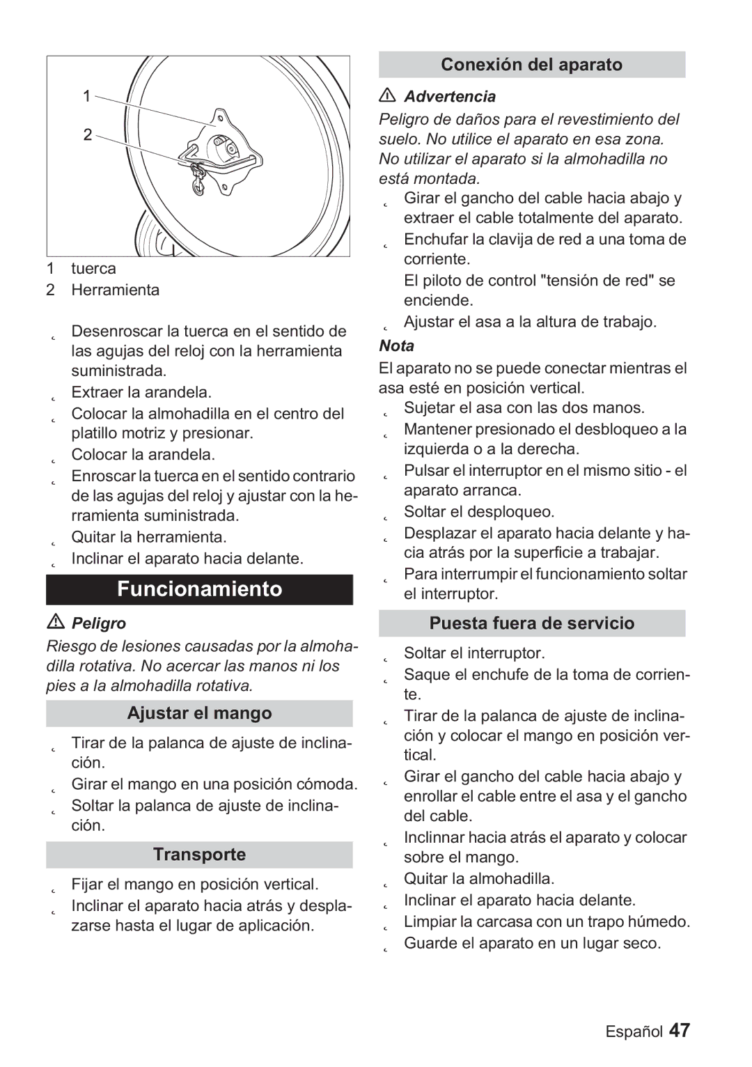 Karcher BDP 50, BDP 1500 manual Funcionamiento, Ajustar el mango, Transporte, Conexión del aparato, Puesta fuera de servicio 