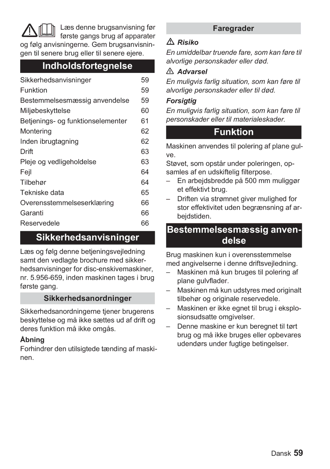 Karcher BDP 50, BDP 1500 Indholdsfortegnelse, Sikkerhedsanvisninger, Bestemmelsesmæssig anven Delse, Sikkerhedsanordninger 