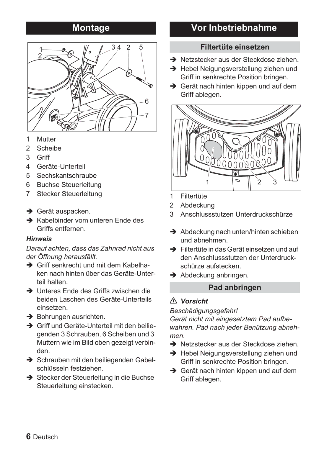 Karcher BDP 1500, BDP 50 manual Montage, Vor Inbetriebnahme, Filtertüte einsetzen, Pad anbringen, Hinweis 