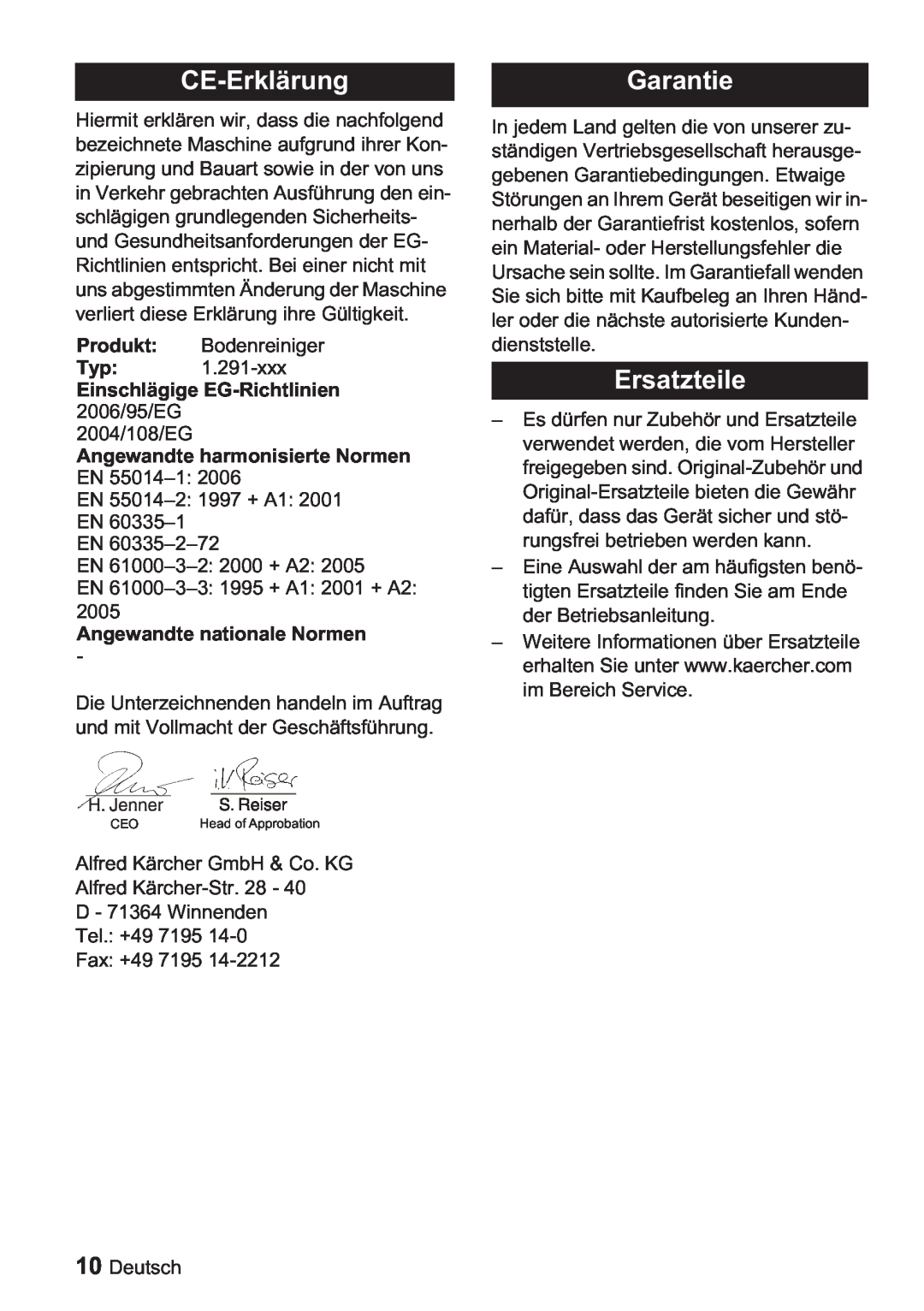 Karcher BDP 1500, BDP 50 manual CE-Erklärung, Garantie, Ersatzteile, Einschlägige EG-Richtlinien 2006/95/EG 2004/108/EG 