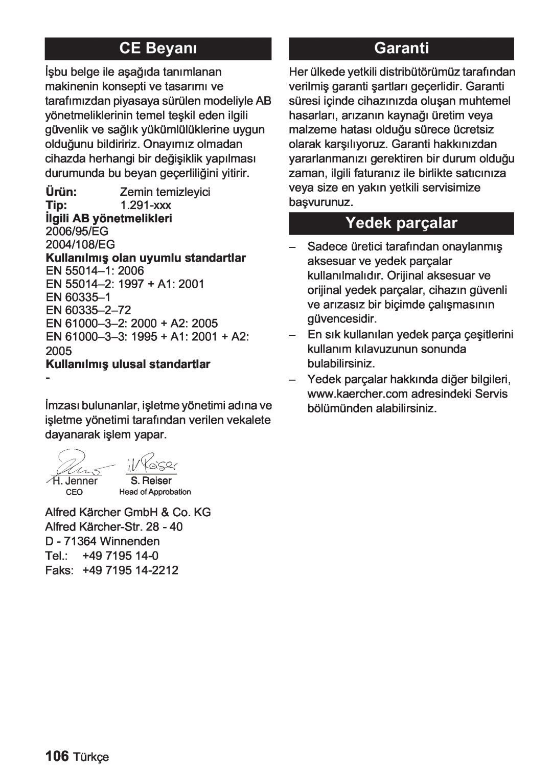 Karcher BDP 1500, BDP 50 manual CE Beyan, Yedek parçalar, Kullanuyumlu standartlar, Kullanstandartlar, Garanti 