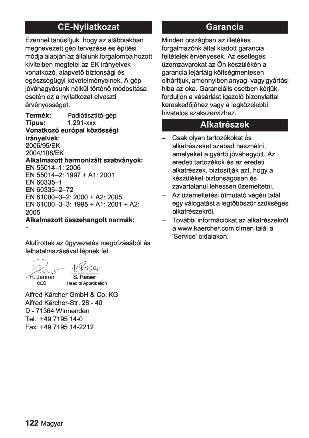 Karcher BDP 1500 manual CE-NyilatkozatGarancia, Alkatrészek, Vonatkozó európai közösségi irányelvek 2006/95/EK 2004/108/EK 