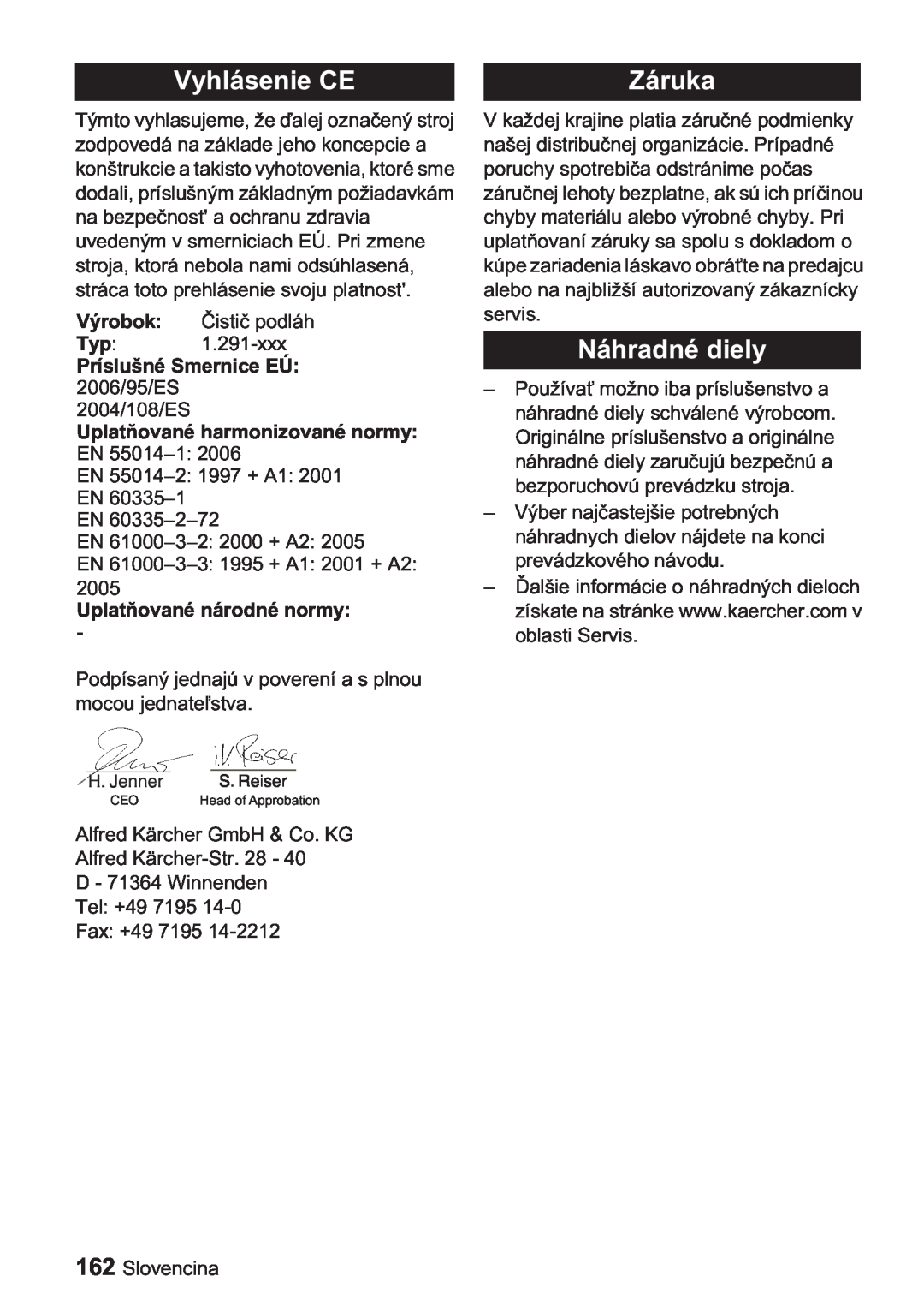 Karcher BDP 1500, BDP 50 manual Vyhlásenie CE, Náhradné diely, Výrobok, Uplatodné normy, Záruka 