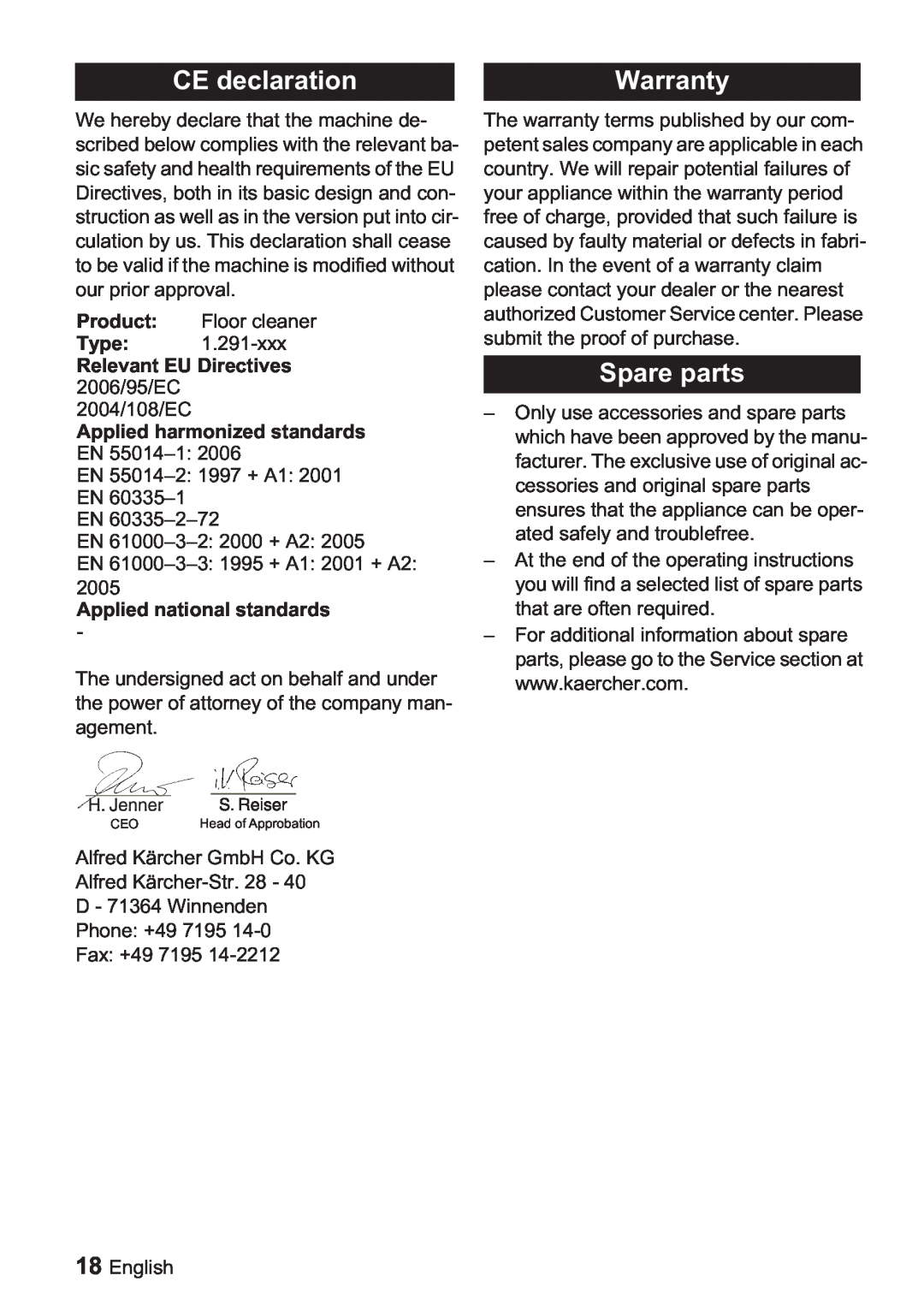 Karcher BDP 1500, BDP 50 manual CE declaration, Warranty, Spare parts, Relevant EU Directives 2006/95/EC 2004/108/EC 
