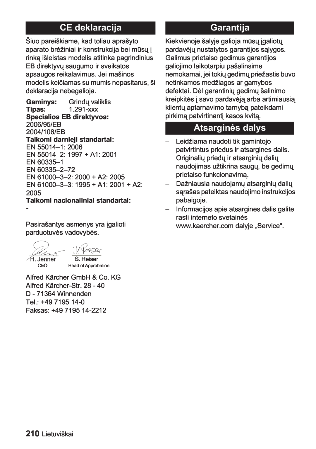Karcher BDP 1500, BDP 50 manual CE deklaracija, Atsargin, Specialios EB direktyvos 2006/95/EB 2004/108/EB, Garantija 