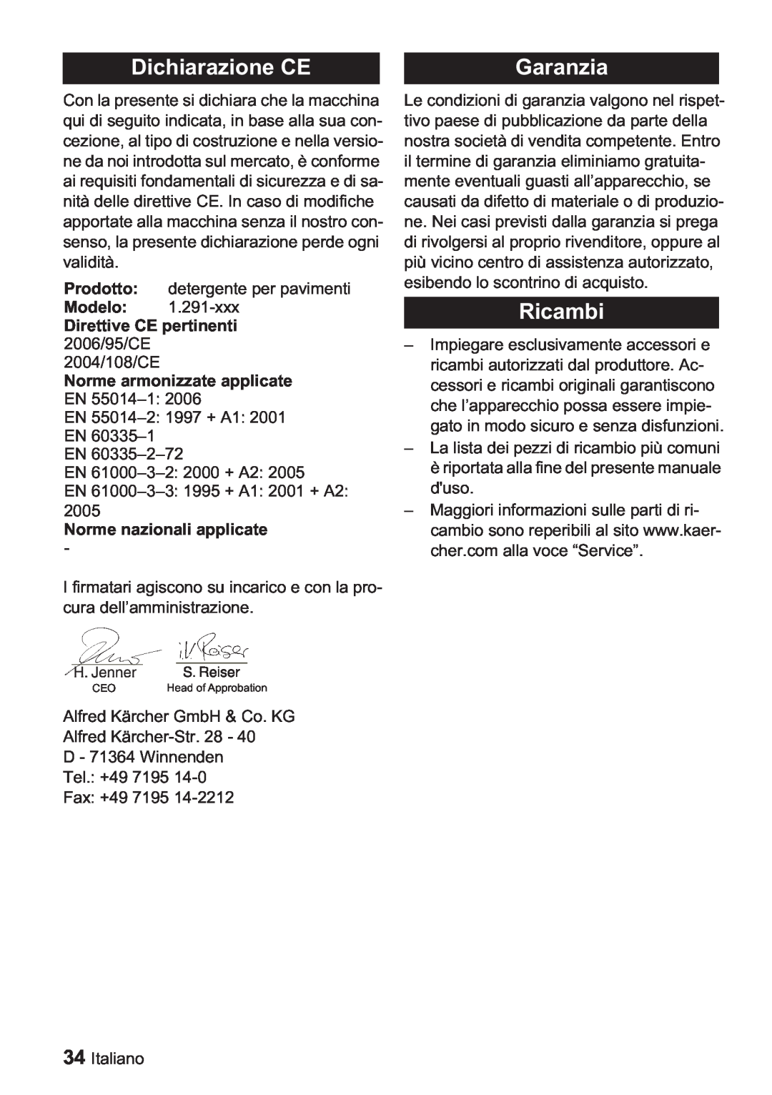 Karcher BDP 1500, BDP 50 manual Dichiarazione CE, Garanzia, Ricambi, Direttive CE pertinenti 2006/95/CE 2004/108/CE 