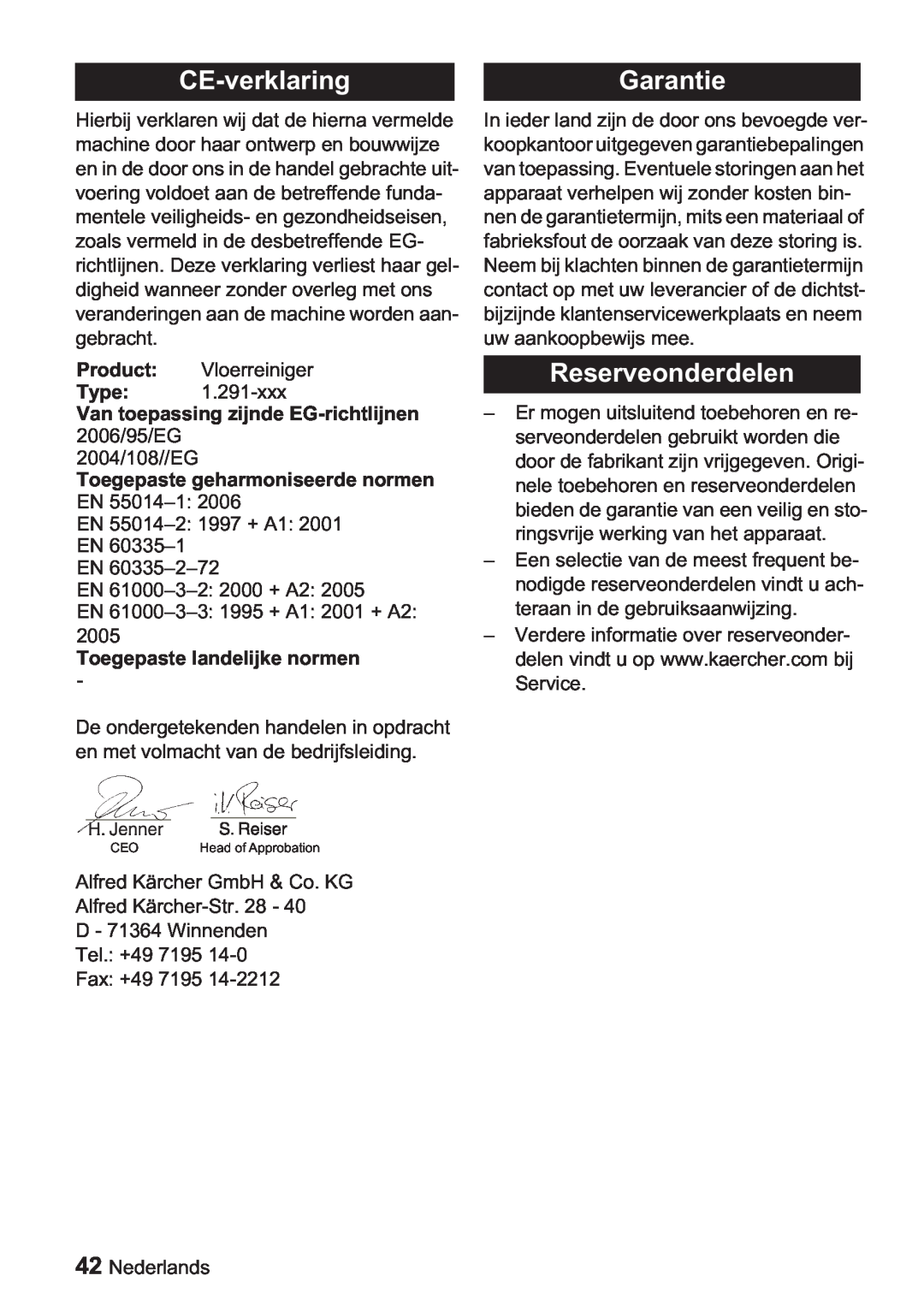Karcher BDP 1500, BDP 50 manual CE-verklaringGarantie, Reserveonderdelen, Van toepassing zijnde EG-richtlijnen 2006/95/EG 
