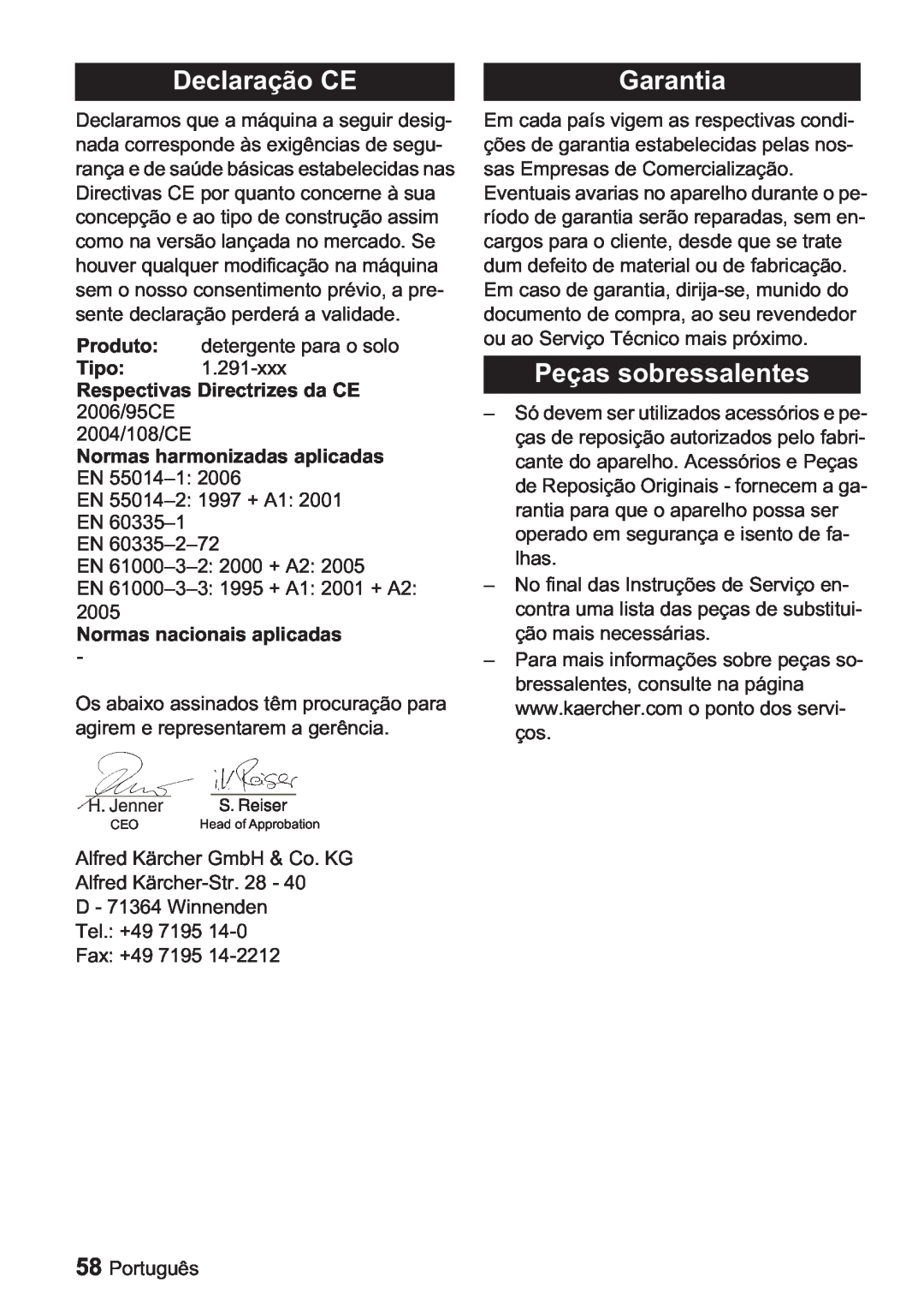 Karcher BDP 1500, BDP 50 manual Declaração CE, Garantia, Peças sobressalentes, Respectivas Directrizes da CE 2006/95CE 