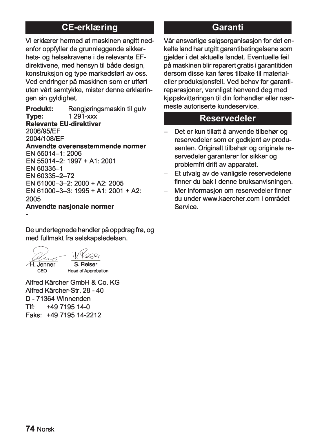 Karcher BDP 1500, BDP 50 manual CE-erklæringGaranti, Reservedeler, Relevante EU-direktiver 2006/95/EF 2004/108/EF 