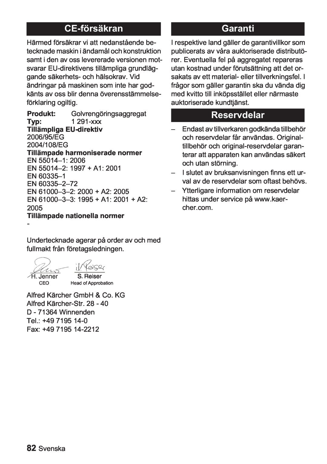Karcher BDP 1500, BDP 50 manual CE-försäkranGaranti, Reservdelar, Tillämpliga EU-direktiv 2006/95/EG 2004/108/EG 