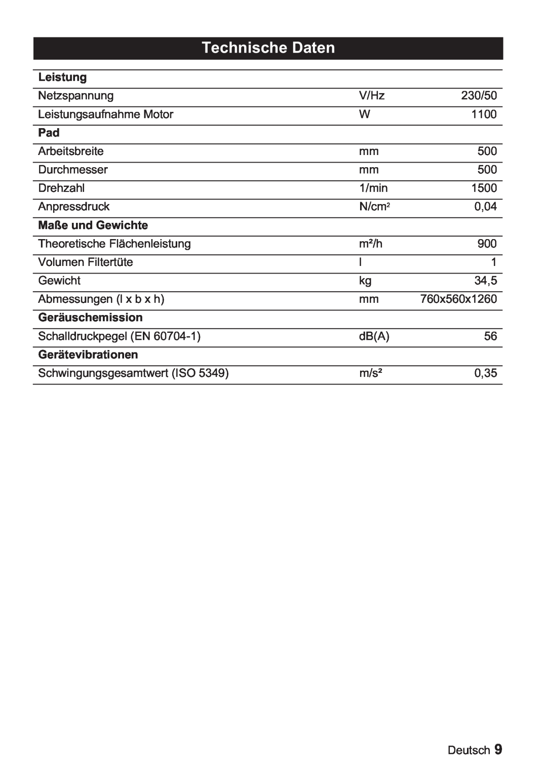 Karcher BDP 50, BDP 1500 manual Technische Daten, Leistung, Maße und Gewichte, Geräuschemission, Gerätevibrationen 
