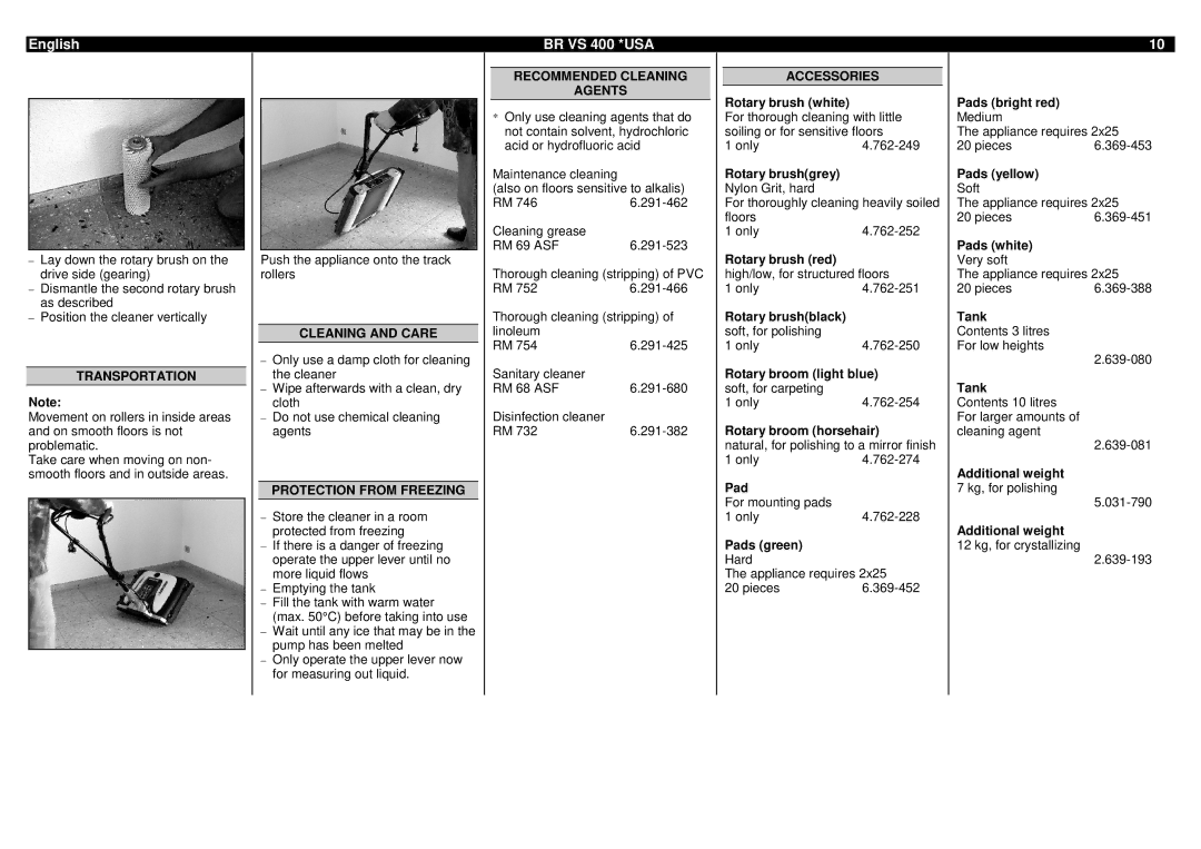 Karcher BR VS 400 Transportation, Cleaning and Care, Protection from Freezing, Recommended Cleaning Agents, Accessories 