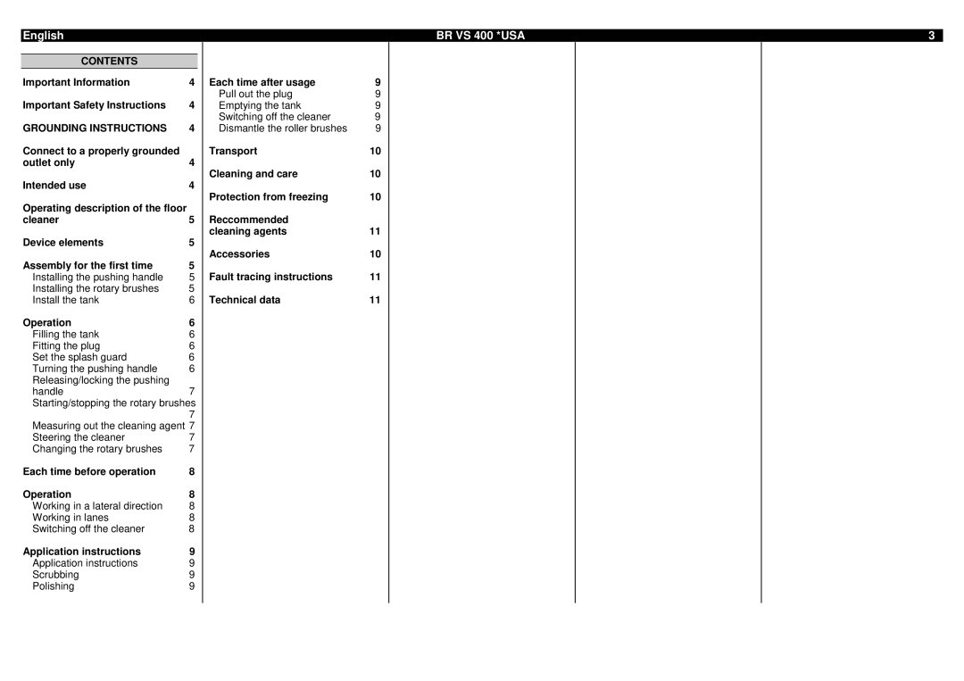 Karcher BR VS 400 manual Contents, Grounding Instructions 