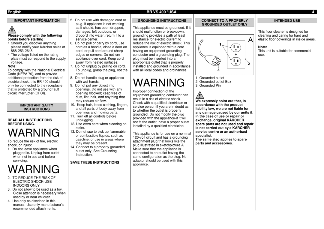 Karcher BR VS 400 manual Important Information, Please comply with the following points before starting, Intended USE 