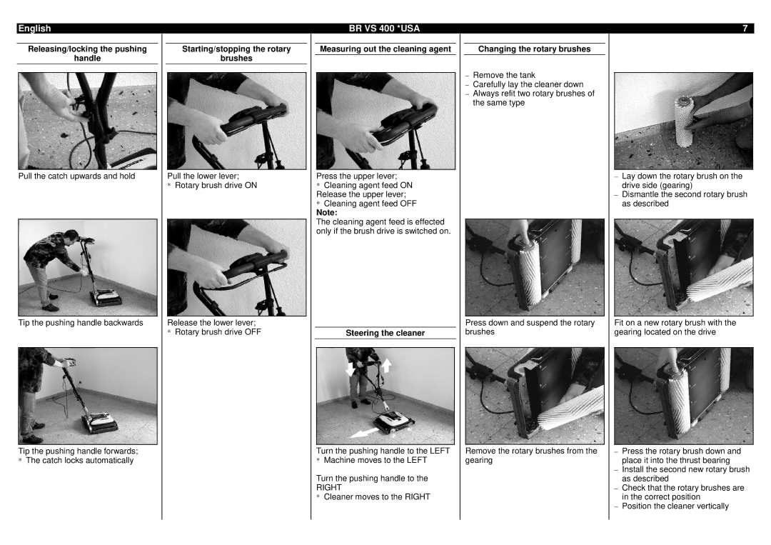 Karcher BR VS 400 manual Releasing/locking the pushing Handle, Starting/stopping the rotary Brushes 