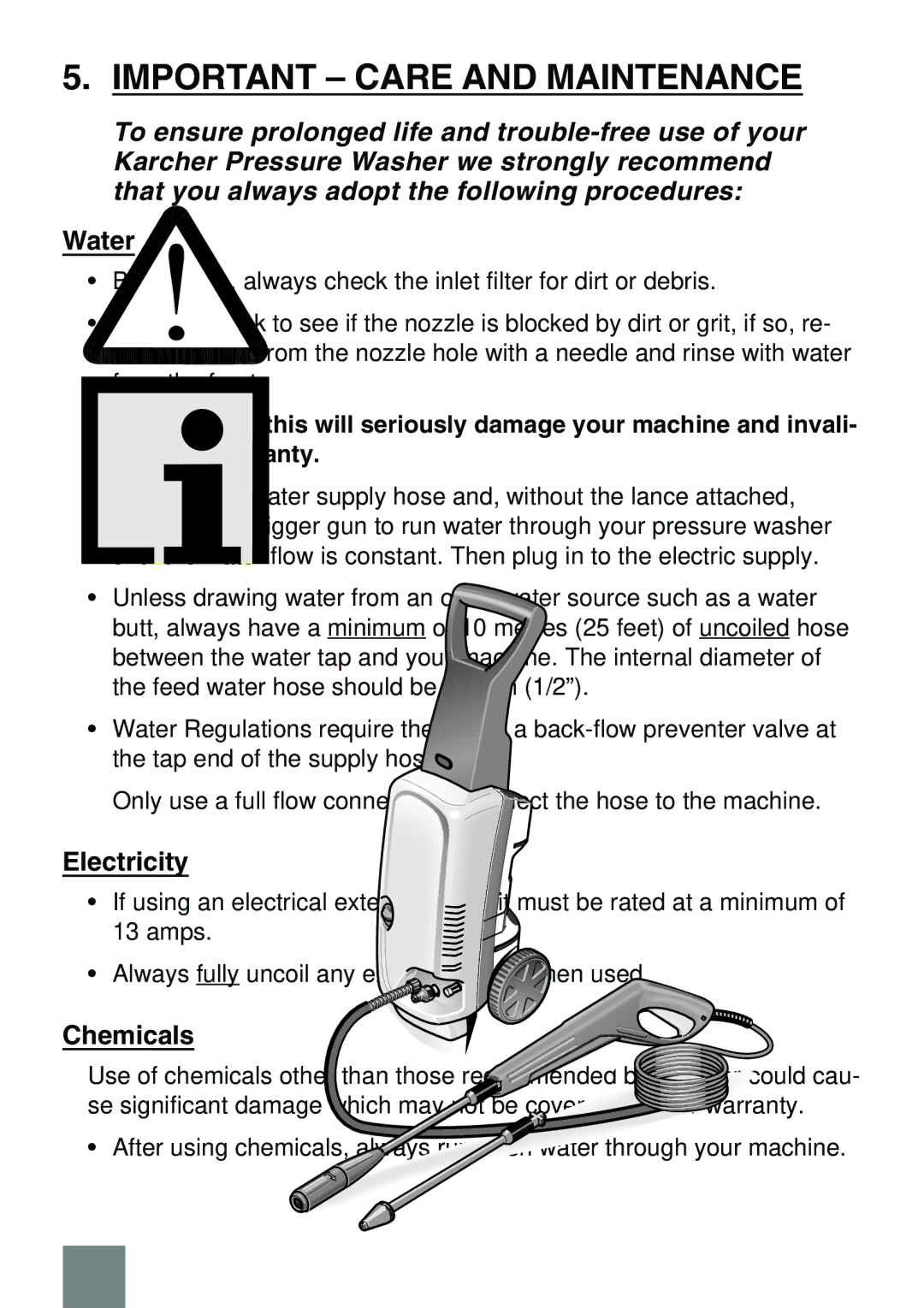 Karcher darcher, 397 m plus manual Important Care and Maintenance, Water 