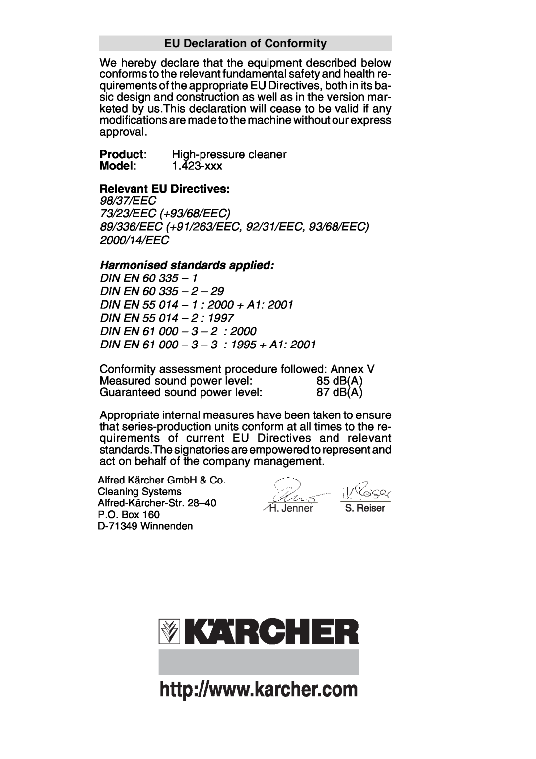 Karcher darcher, 397 m plus manual EU Declaration of Conformity, Relevant EU Directives, 98/37/EEC 73/23/EEC +93/68/EEC 