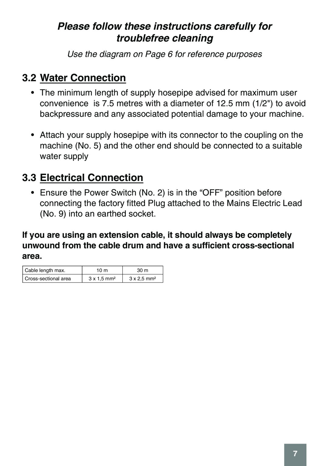 Karcher 397 m plus, darcher manual Water Connection, Electrical Connection, Use the diagram on Page 6 for reference purposes 