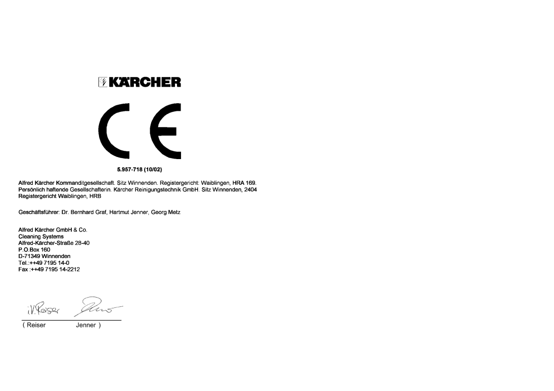Karcher FS 2000 manual n,HRB, aftendeG, AlfedKärc, 5.957-71810/02, SitzWinnendecn, sönlich, Waibling, CeaningSystemsGmbH&Co 