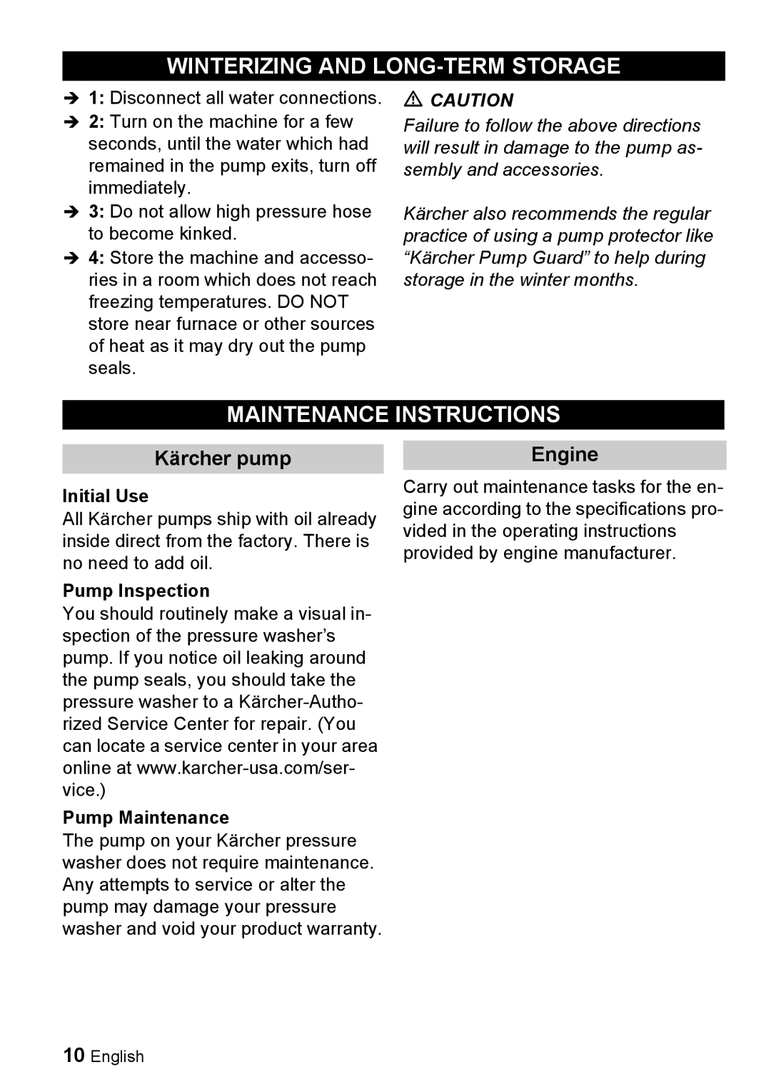 Karcher G 2000 ET manual Winterizing and LONG-TERM Storage, Maintenance Instructions, Kärcher pump, Engine 