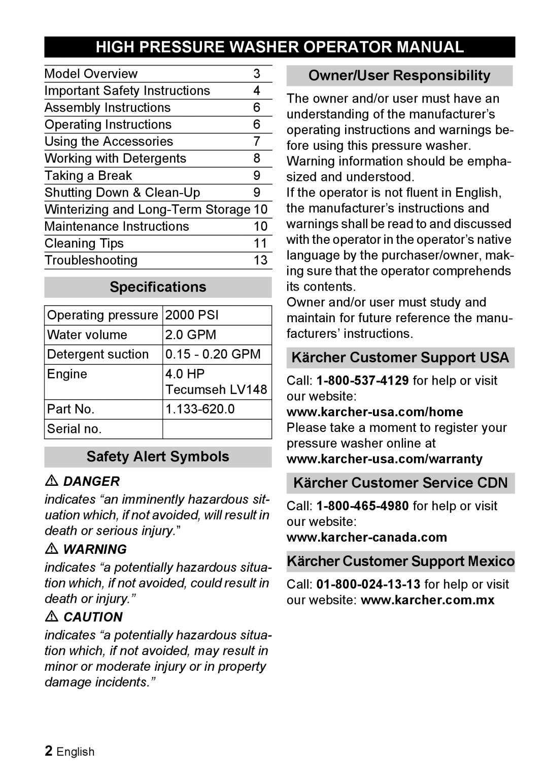 Karcher G 2000 ET High Pressure Washer Operator Manual, Specifications, Safety Alert Symbols, Owner/User Responsibility 