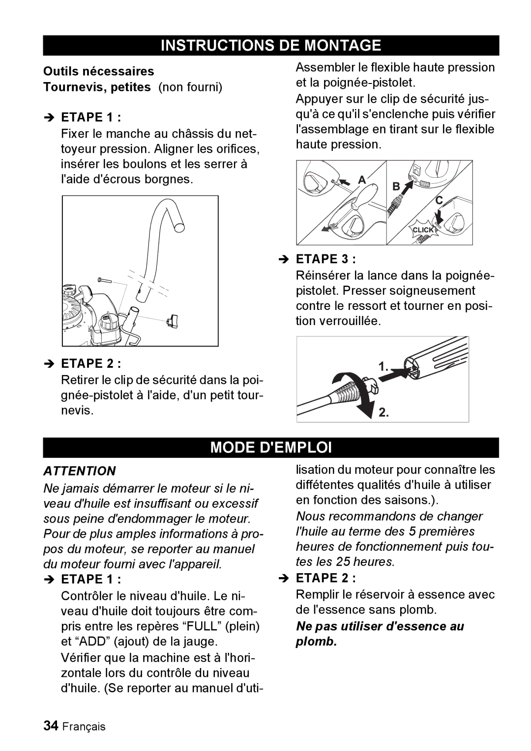 Karcher G 2000 ET manual Instructions DE Montage, Mode Demploi, Outils nécessaires Tournevis, petites non fourni 