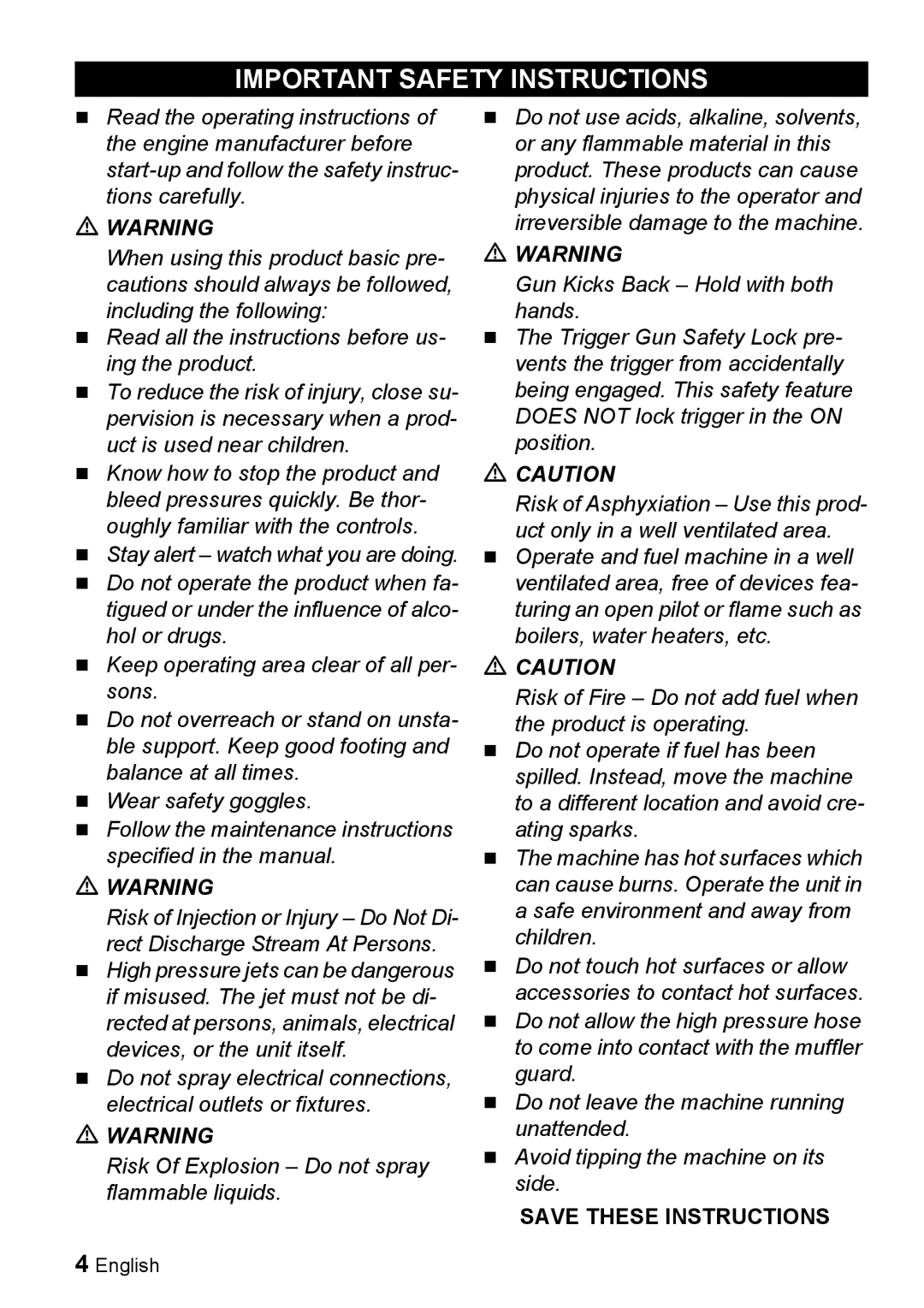 Karcher G 2000 ET manual Important Safety Instructions 