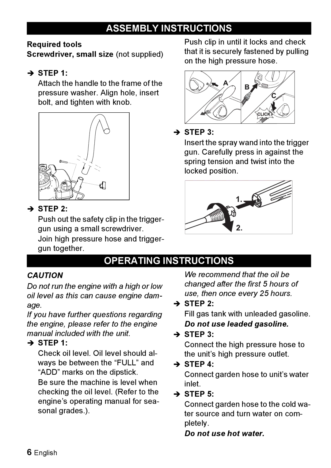 Karcher G 2000 ET manual Assembly Instructions, Operating Instructions, Required tools Screwdriver, small size not supplied 