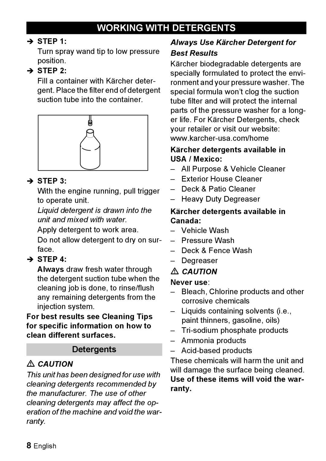 Karcher G 2000 ET manual Working with Detergents 