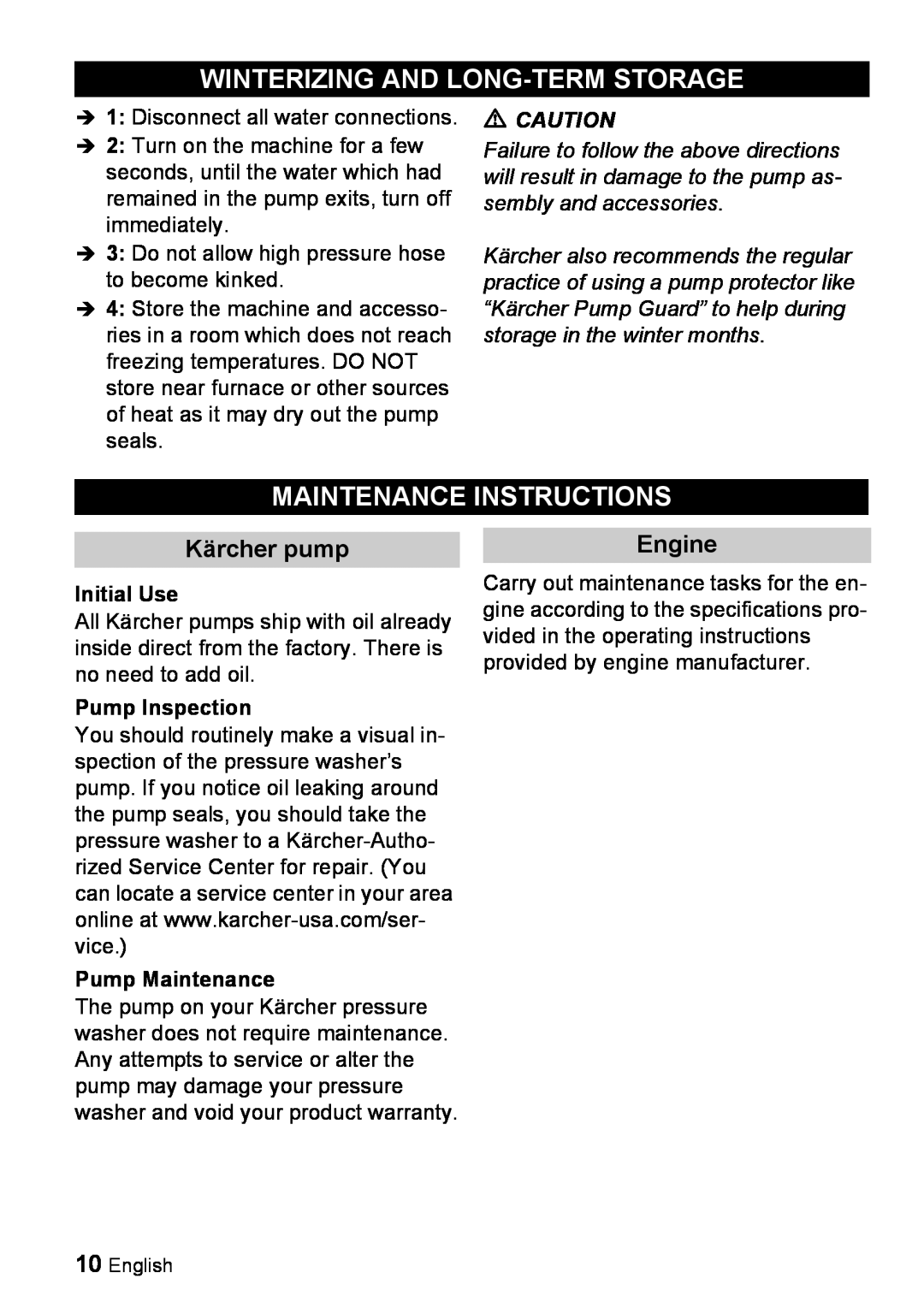 Karcher G 2000 ET manual Winterizing And Long-Termstorage, Maintenance Instructions, Kärcher pump, Engine 