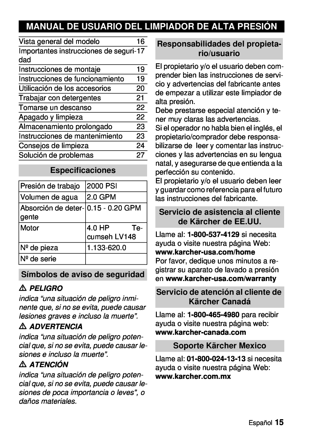 Karcher G 2000 ET manual Manual De Usuario Del Limpiador De Alta Presión, Especificaciones, Símbolos de aviso de seguridad 