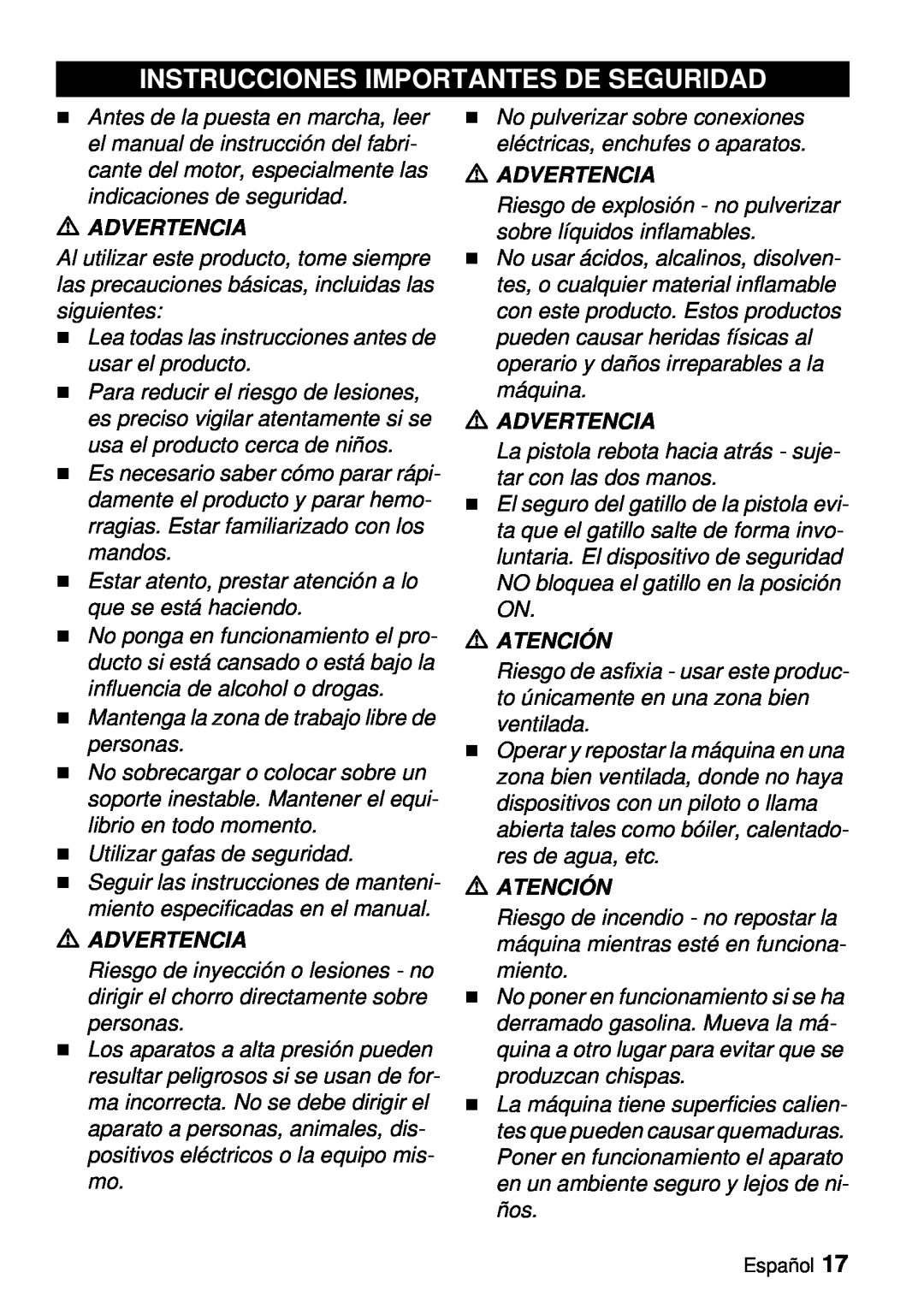 Karcher G 2000 ET manual Instrucciones Importantes De Seguridad, Advertencia, Atención 