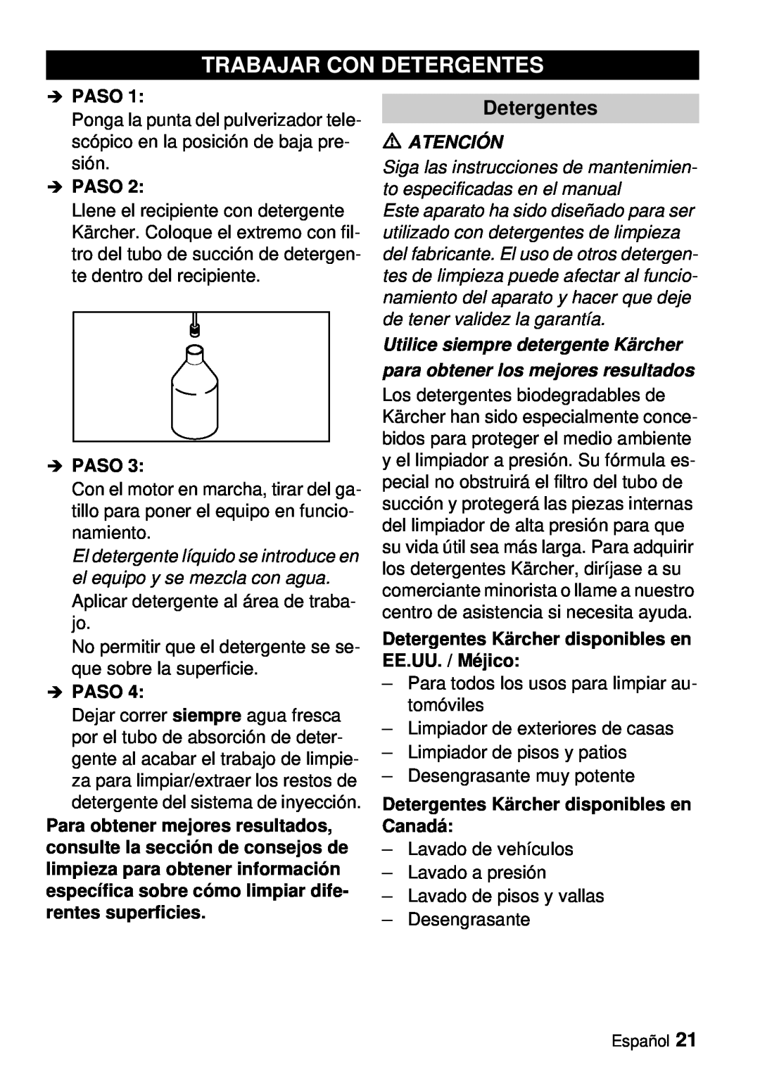 Karcher G 2000 ET manual Trabajar Con Detergentes, Atención 