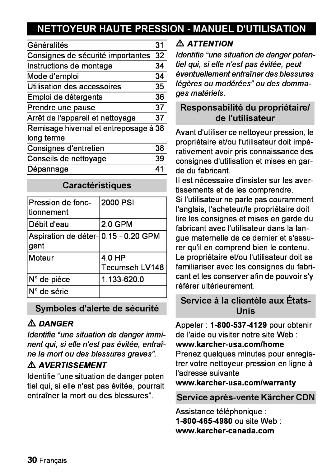 Karcher G 2000 ET Nettoyeur Haute Pression - Manuel Dutilisation, Caractéristiques, Symboles dalerte de sécurité, Danger 