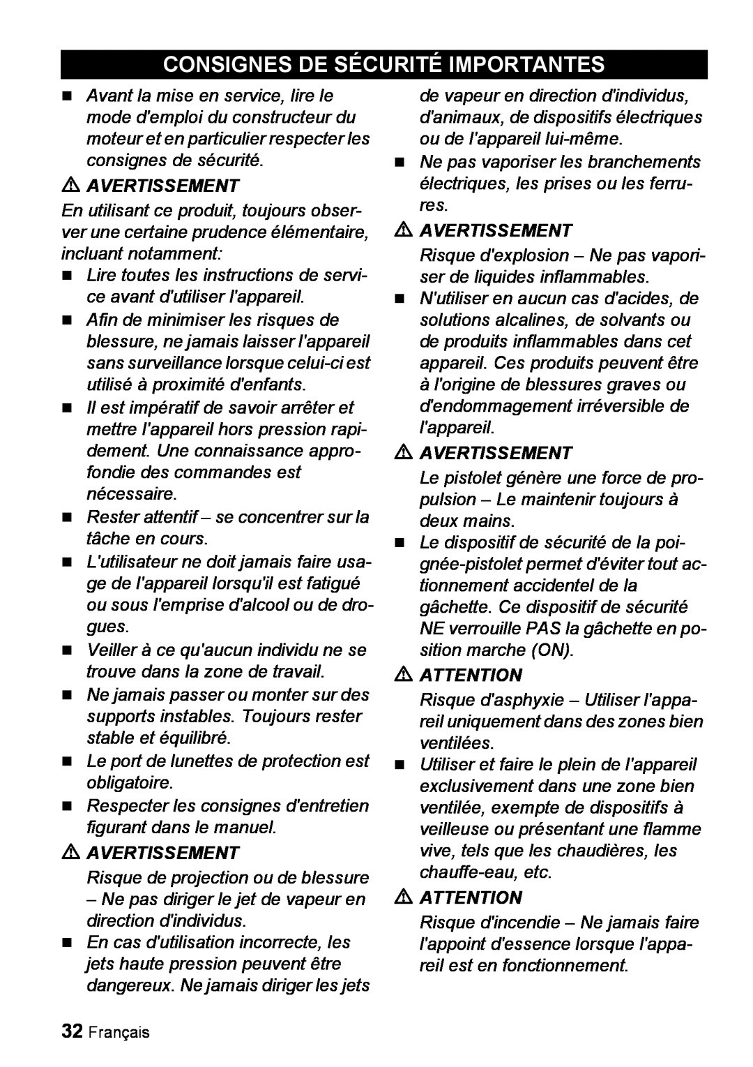 Karcher G 2000 ET manual Consignes De Sécurité Importantes, Avertissement 