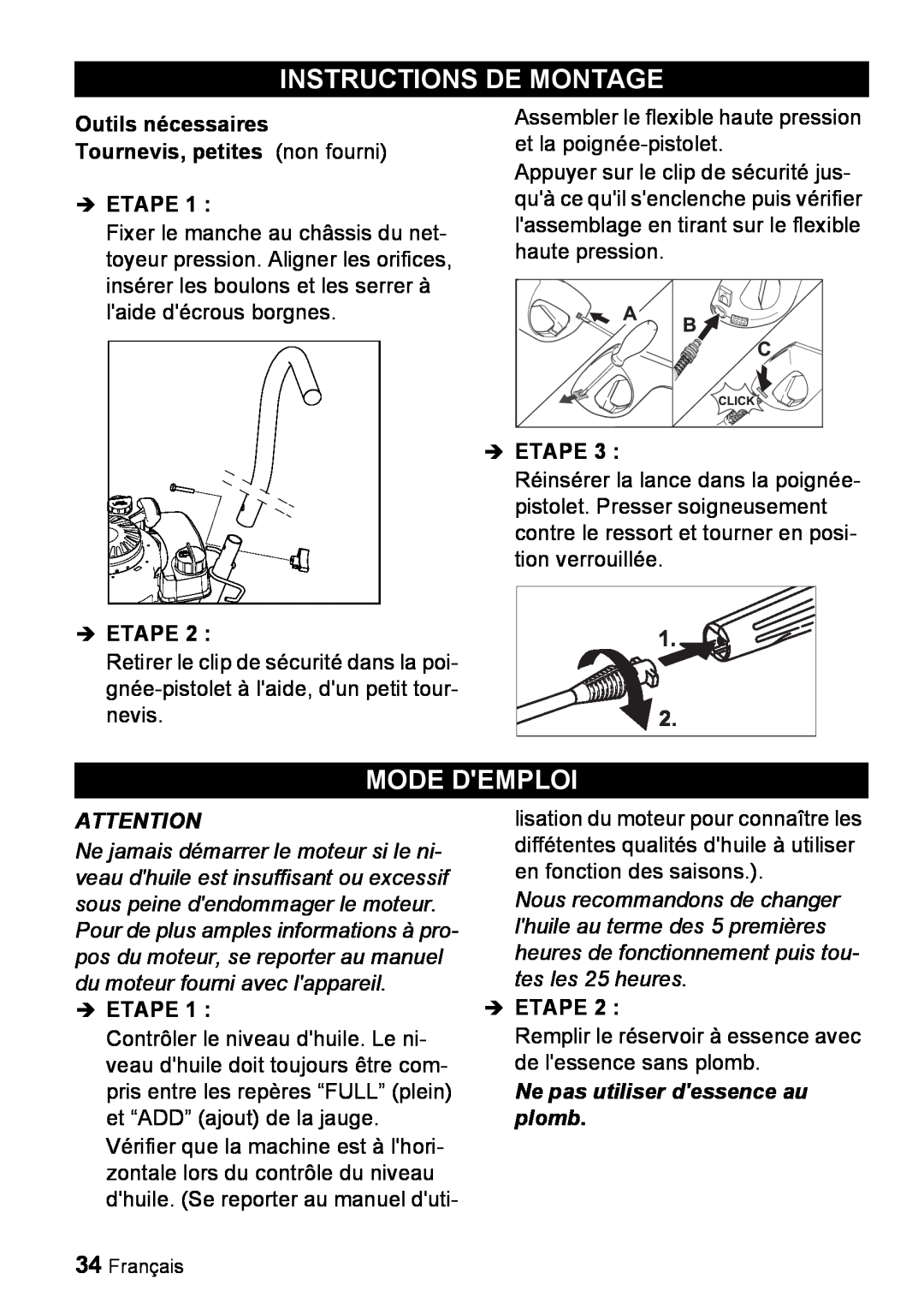 Karcher G 2000 ET manual Instructions De Montage, Mode Demploi, Ne pas utiliser dessence au plomb 