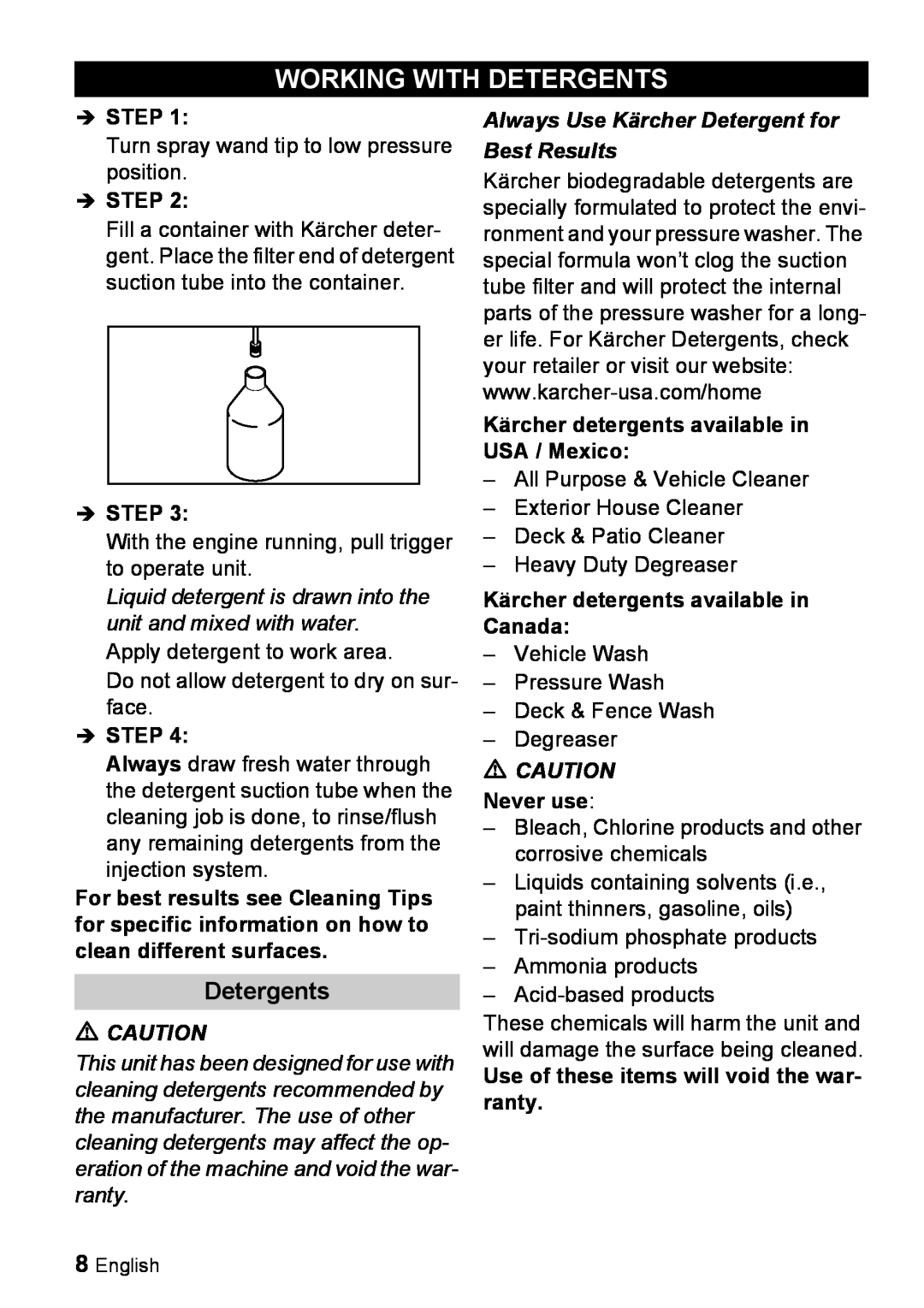 Karcher G 2000 ET manual Working With Detergents, Always Use Kärcher Detergent for Best Results 