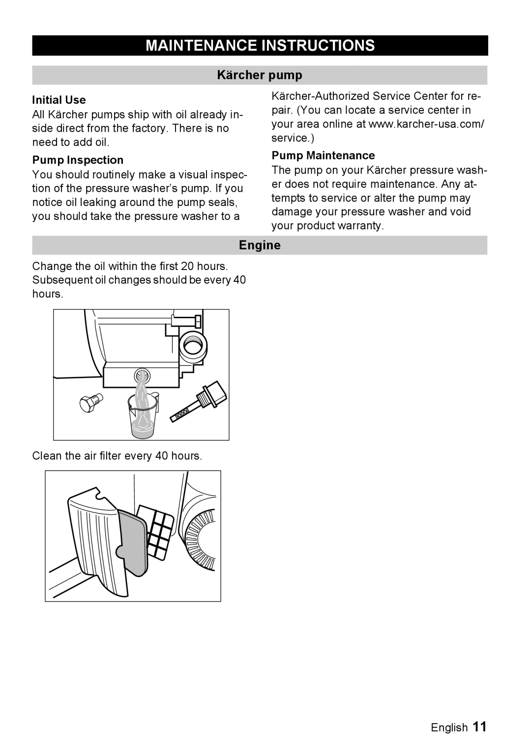 Karcher G 2000 MK manual Maintenance Instructions, Kärcher pump, Engine 